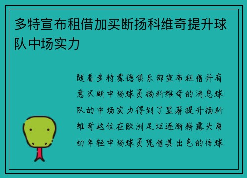 多特宣布租借加买断扬科维奇提升球队中场实力